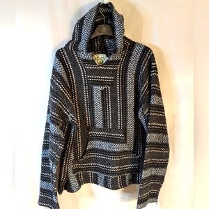 Baja Joe Jerga Hippie Hoodie Black Grey White Blue Stripes Pocket Side Vents XL